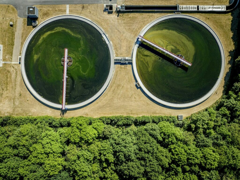 A drone photo of a water treatment plant