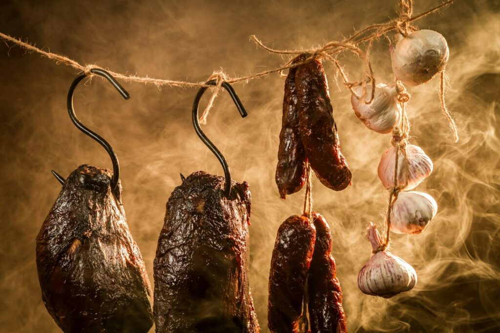 Closeup of Ham, sausage and garlic in a smokehouse